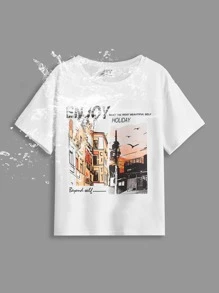 SHEIN Boys Slogan & Picture Print Drop Shoulder Waterproof Tee - White - View 2