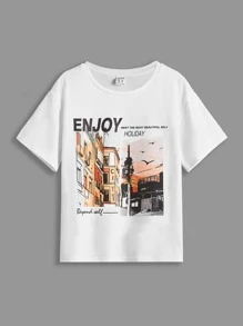 SHEIN Boys Slogan & Picture Print Drop Shoulder Waterproof Tee - White - View 4