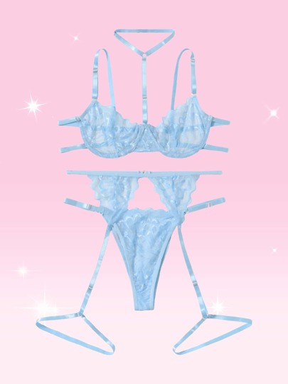 Kawaii طقم ملابس داخلية دانتيل زهري حلقة معدني رباط ساق 3 قطع