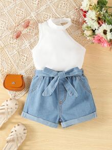 SHEIN 小女童高領背心上衣和牛仔短褲 - 藍白色 - 查看 1