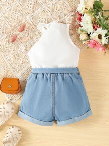 SHEIN 小女童高領背心上衣和牛仔短褲 - 藍白色 - 查看 2