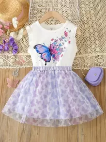 SHEIN Toddler Girls Butterfly Print Ruffle Trim Top & Mesh Overlay Skirt - Multicolor - View 1
