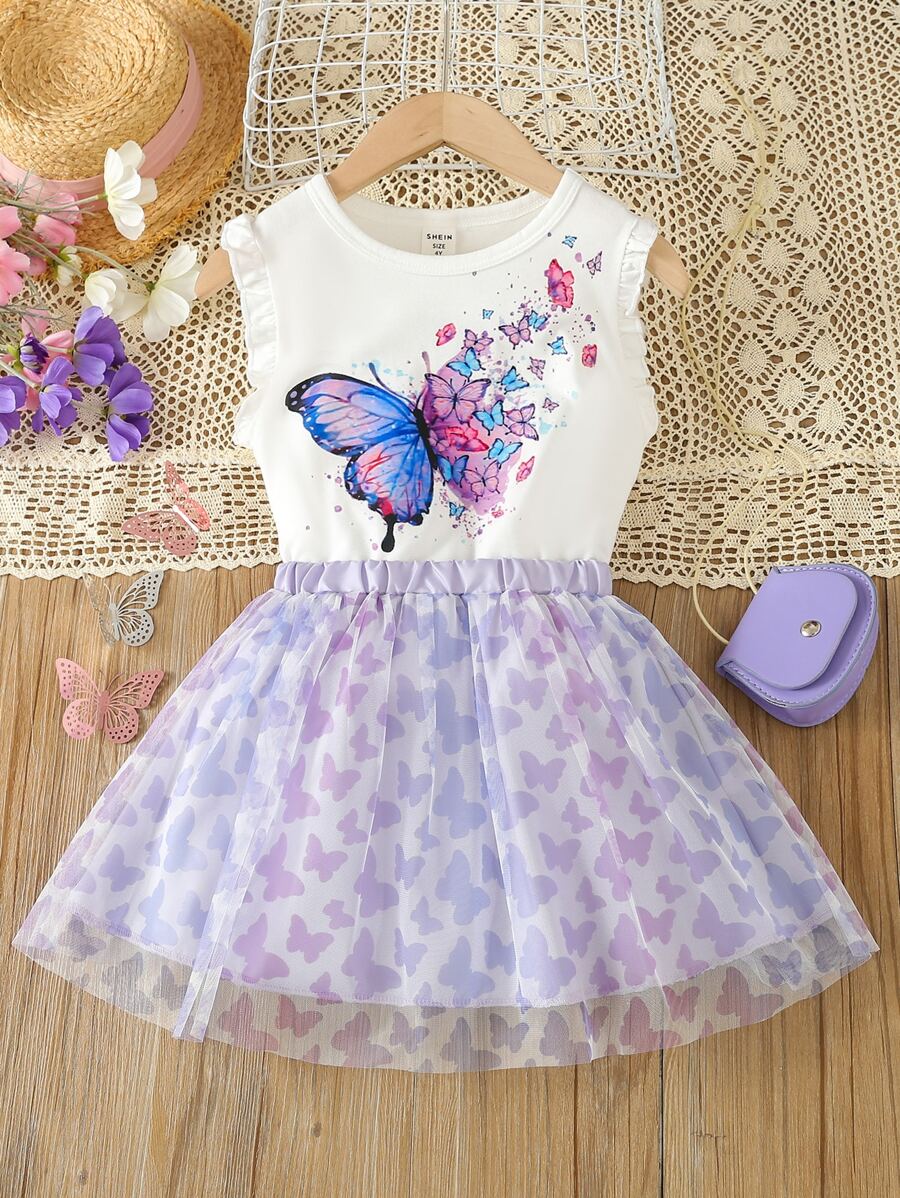 SHEIN Toddler Girls Butterfly Print Ruffle Trim Top & Mesh Overlay Skirt - Multicolor - View 1