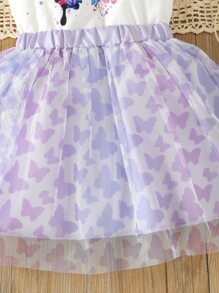 SHEIN Toddler Girls Butterfly Print Ruffle Trim Top & Mesh Overlay Skirt - Multicolor - View 3