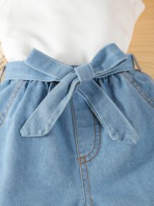 SHEIN 小女童高領背心上衣和牛仔短褲 - 藍白色 - 查看 6