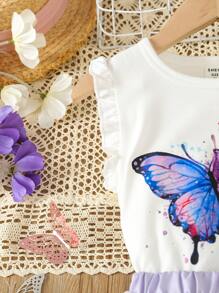 SHEIN Toddler Girls Butterfly Print Ruffle Trim Top & Mesh Overlay Skirt - Multicolor - View 5