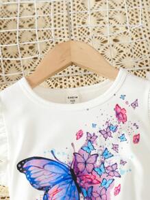 SHEIN Toddler Girls Butterfly Print Ruffle Trim Top & Mesh Overlay Skirt - Multicolor - View 6