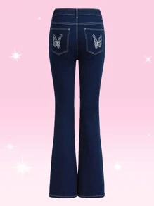 Sweetness Jeans de pierna amplia con bordado de mariposa - Azul lavado oscuro - Ver 1