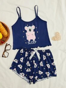 Cartoon & Letter Graphic Lettuce Trim PJ Set - Navy Blue - View 1