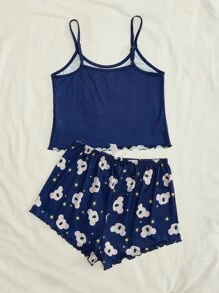 Cartoon & Letter Graphic Lettuce Trim PJ Set - Navy Blue - View 2