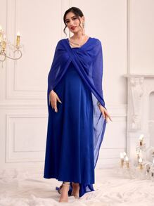 Modelyn Solid A-line Dress With Cowl Neck Cape Top - Royal Blue - View 5