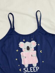 Cartoon & Letter Graphic Lettuce Trim PJ Set - Navy Blue - View 3