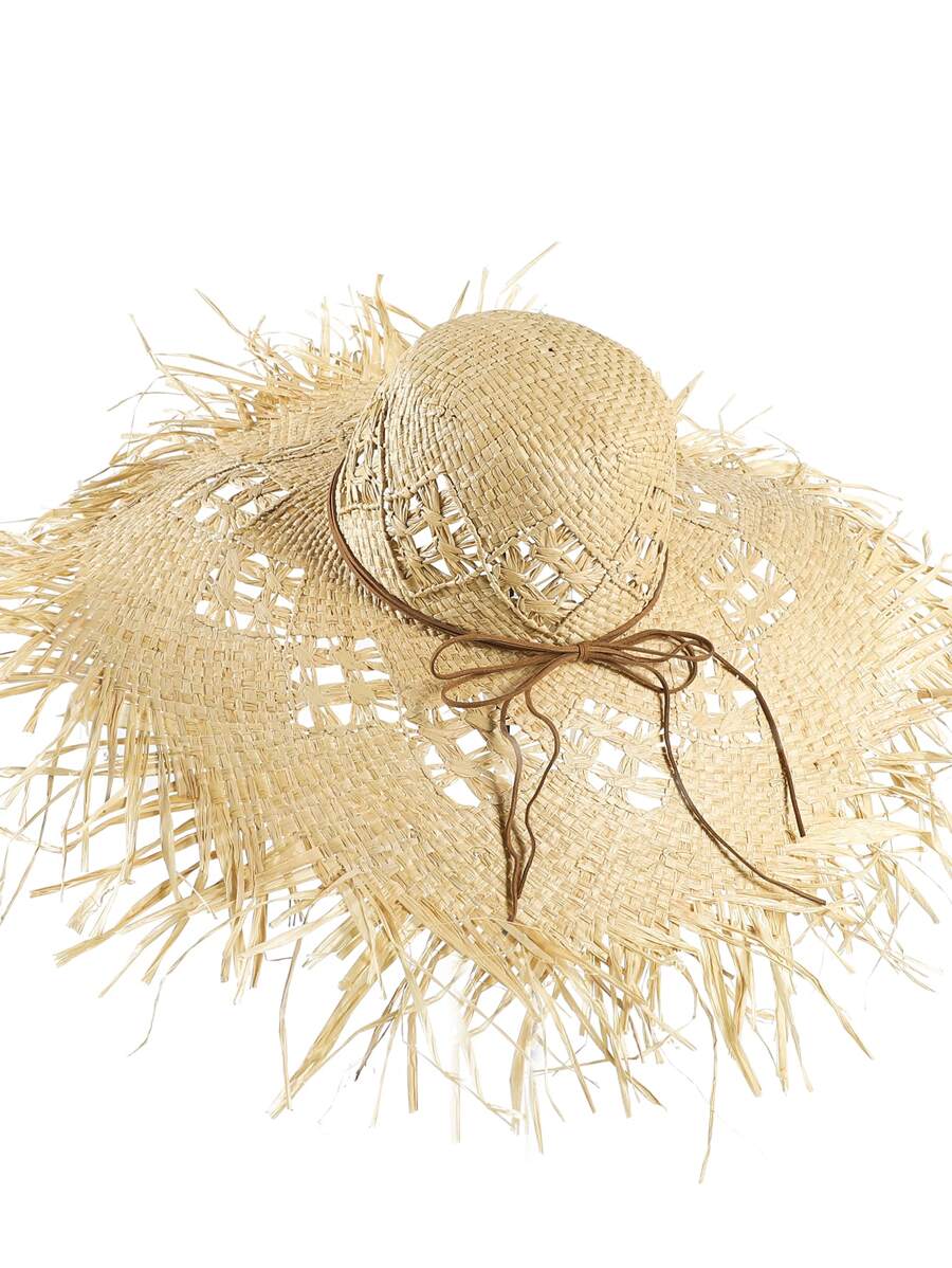 領結和流蘇裝飾草編帽 - 杏色 - 查看 1