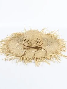領結和流蘇裝飾草編帽 - 杏色 - 查看 4
