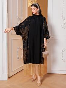 Al Najma Floral Print Fringe Hem Kaftan, Modest - Black - View 1