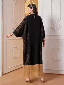 Al Najma Floral Print Fringe Hem Kaftan, Modest - Black - View 2