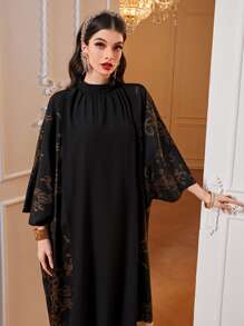 Al Najma Floral Print Fringe Hem Kaftan, Modest - Black - View 3