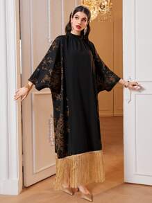 Al Najma Floral Print Fringe Hem Kaftan, Modest - Black - View 4