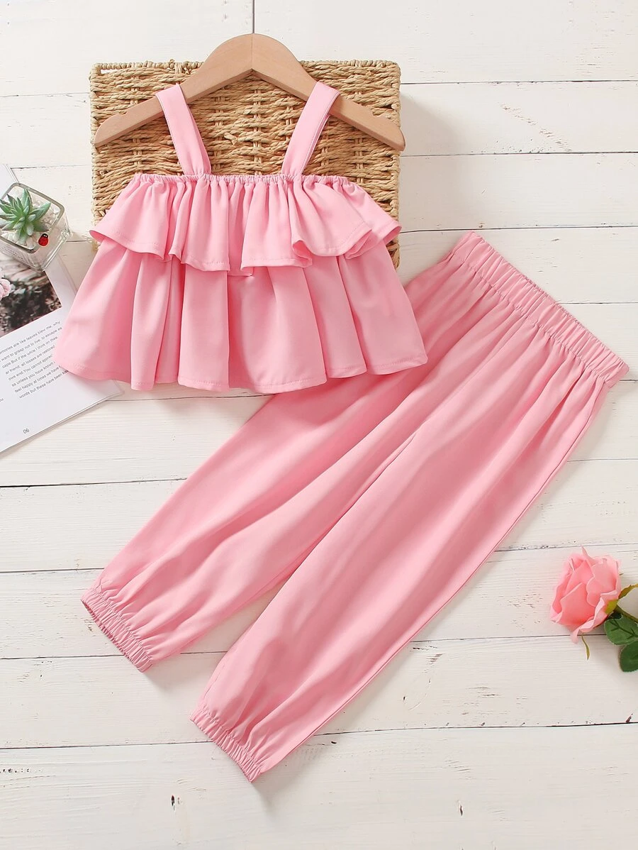 Toddler Girls Tiered Ruffle Hem Tank Top & Carrot Pants - Pink - View 1