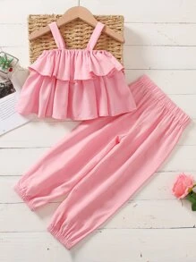 Toddler Girls Tiered Ruffle Hem Tank Top & Carrot Pants - Pink - View 2