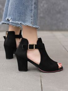 2025 年秋冬女士扣环镂空露趾粗跟靴，优雅黑色纯色仿麂皮凉鞋靴 - 黑色 - 查看 2