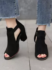 2025 年秋冬女士扣环镂空露趾粗跟靴，优雅黑色纯色仿麂皮凉鞋靴 - 黑色 - 查看 3