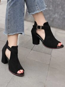 2025 年秋冬女士扣环镂空露趾粗跟靴，优雅黑色纯色仿麂皮凉鞋靴 - 黑色 - 查看 4