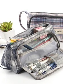 1pc Plaid Pattern Pencil Bag - Grey - View 1