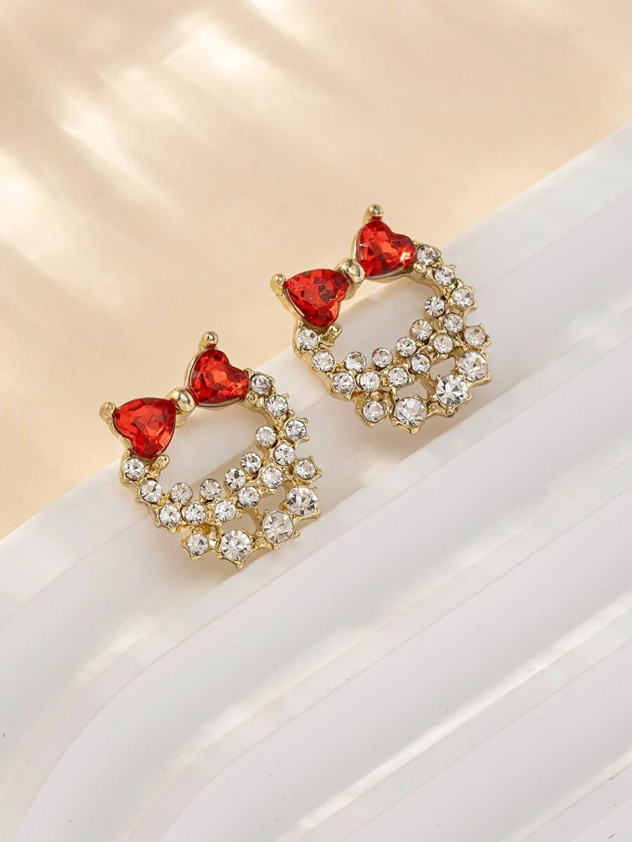 水鑽蝴蝶結裝飾耳釘 - 彩色 - 查看 1