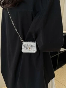 迷你金屬質感鱷魚壓紋翻蓋鏈條馬鞍包