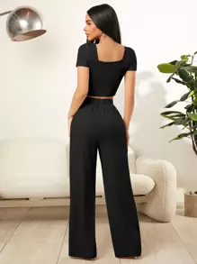 SHEIN SXY 方領短款T恤和闊腿褲 - 黑色 - 查看 2