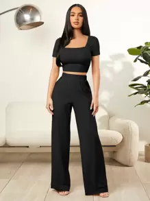 SHEIN SXY 方領短款T恤和闊腿褲 - 黑色 - 查看 3