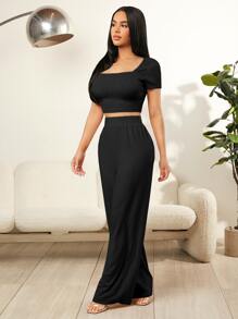 SHEIN SXY 方領短款T恤和闊腿褲 - 黑色 - 查看 4