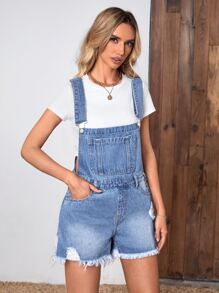 SHEIN Essnce Slant Pocket Raw Hem Denim Dungarees Without Tee - Medium Wash - View 3