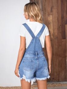 SHEIN Essnce Slant Pocket Raw Hem Denim Dungarees Without Tee - Medium Wash - View 2
