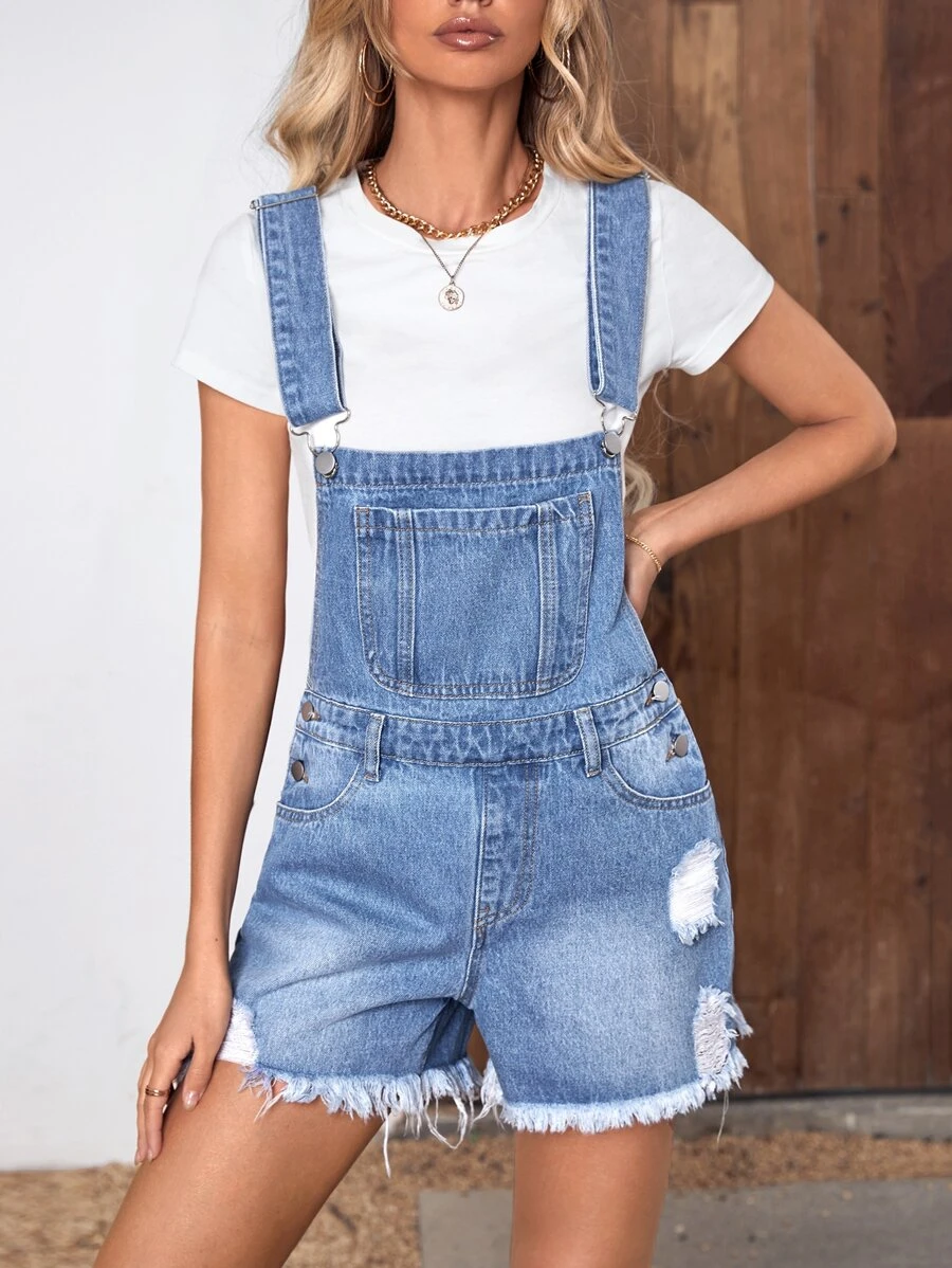 SHEIN Essnce Slant Pocket Raw Hem Denim Dungarees Without Tee - Medium Wash - View 1