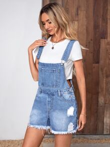 SHEIN Essnce Slant Pocket Raw Hem Denim Dungarees Without Tee - Medium Wash - View 4
