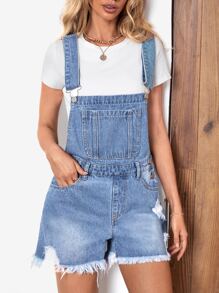 SHEIN Essnce Slant Pocket Raw Hem Denim Dungarees Without Tee - Medium Wash - View 5