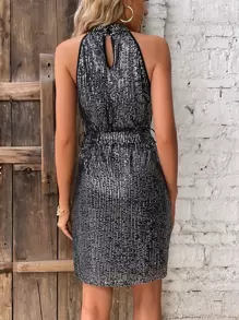 Chiquease 亮片繞頸繫腰帶連衣裙 - 灰色 - 查看 2