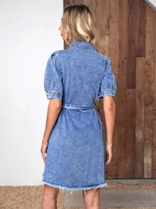 翻蓋口袋毛邊腰帶牛仔裙 - 中等水洗藍 - 查看 2