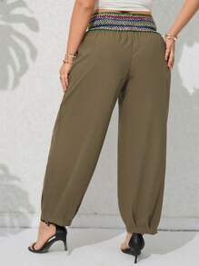 SHEIN Holidaya Plus Contrast Tape Waist Carrot Trousers - Mocha Brown - View 2