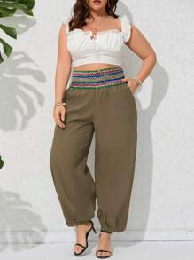 SHEIN Holidaya Plus Contrast Tape Waist Carrot Trousers - Mocha Brown - View 3
