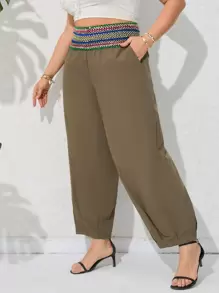 SHEIN Holidaya Plus Contrast Tape Waist Carrot Trousers - Mocha Brown - View 1
