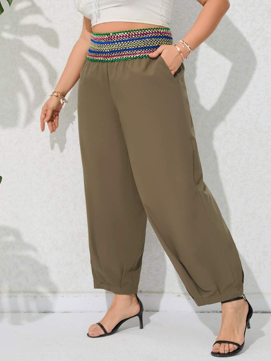 SHEIN Holidaya Plus Contrast Tape Waist Carrot Trousers - Mocha Brown - View 1