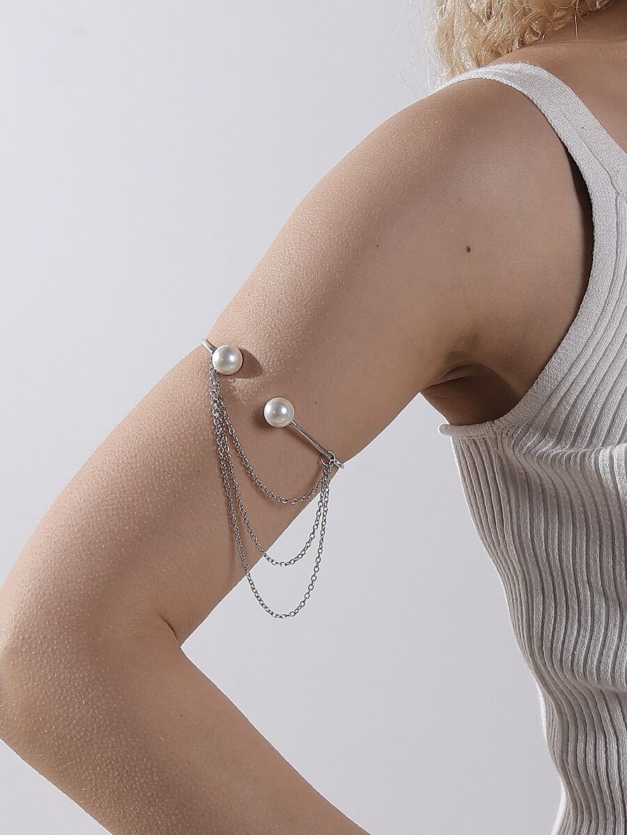 Faux Pearl Decor Arm Cuff - Silver - View 1