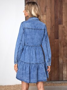 Váy denim nữ Nút phía trước Túi Viên lá sen màu trơn Giải trí - Rửa trung bình - Xem 2