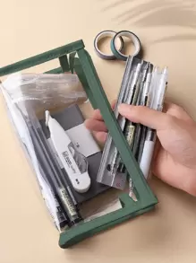 1pc Clear Pencil Case - Green - View 1