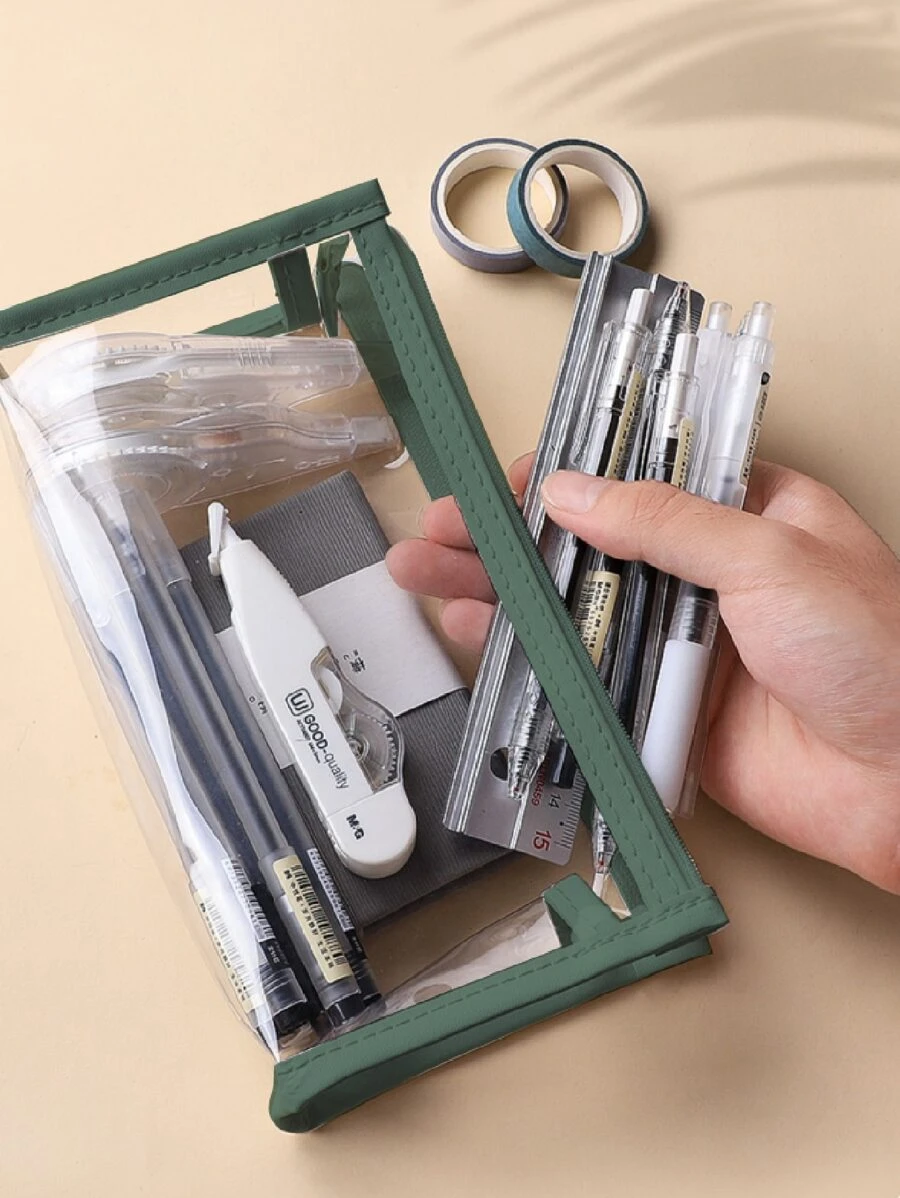1pc Clear Pencil Case - Green - View 1