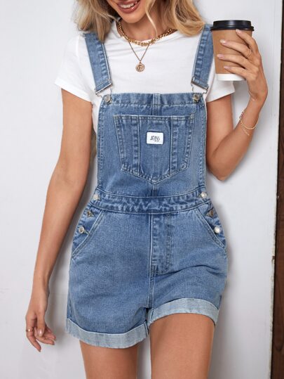EMERY ROSE Letter Patched Detail Denim Overalls Without Tee