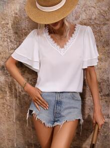 SHEIN LUNE Guipure Lace Trim Butterfly Sleeve Blouse - White - View 1